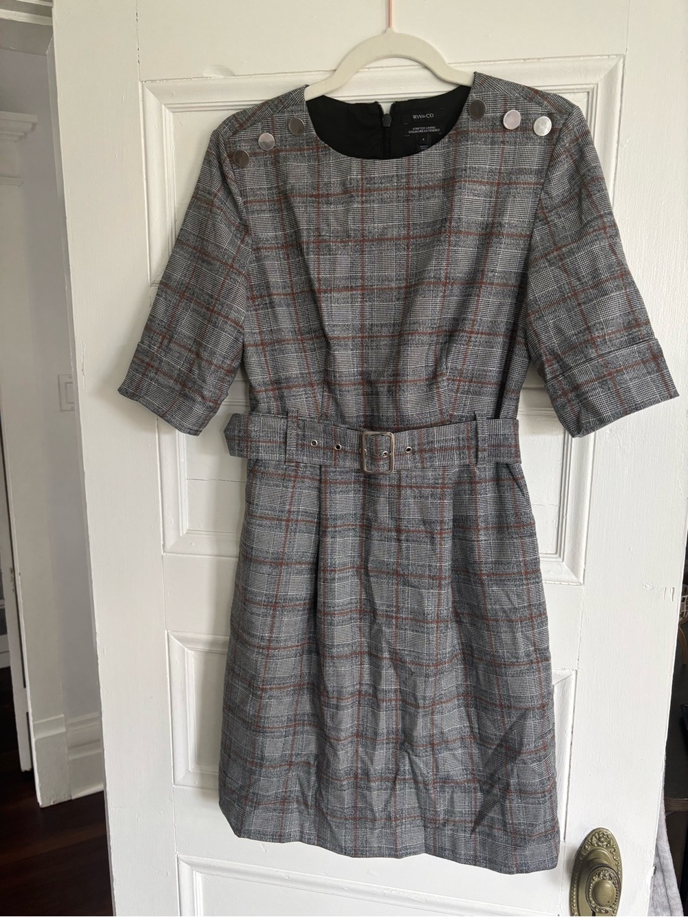 RW&CO. Grey Plaid Midi Dress with Belt